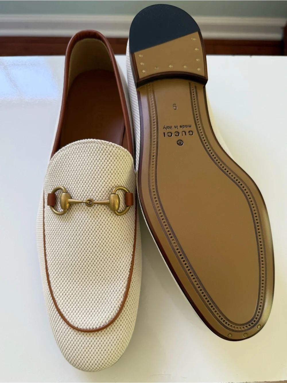 Gucci Cream Textile Loafers with Brown Trim and Gold Horsebit